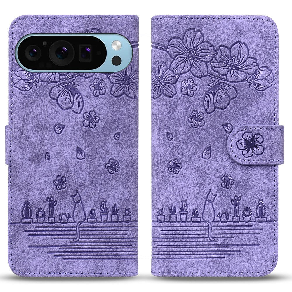 For Google Pixel 10 Pro / Pixel 10 / Pixel 9 Pro / Pixel 9 Case Flip Stand Leather Phone Cover Cherry Blossom Cat Imprinted