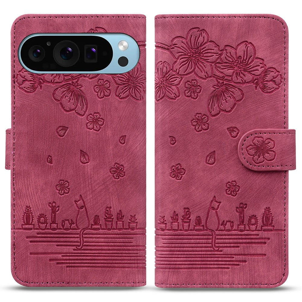 For Google Pixel 10 Pro / Pixel 10 / Pixel 9 Pro / Pixel 9 Case Flip Stand Leather Phone Cover Cherry Blossom Cat Imprinted