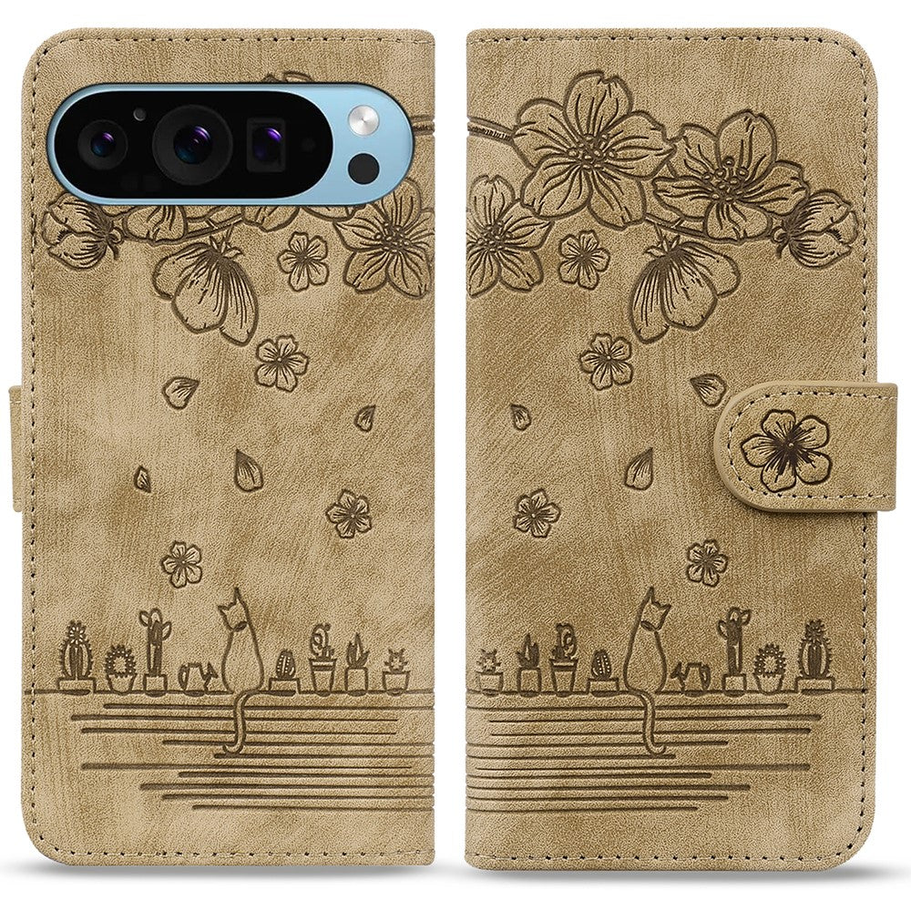 For Google Pixel 10 Pro / Pixel 10 / Pixel 9 Pro / Pixel 9 Case Flip Stand Leather Phone Cover Cherry Blossom Cat Imprinted