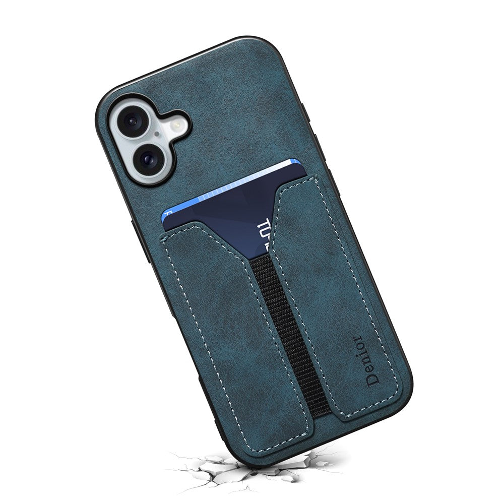 DENIOR For iPhone 16 Plus Case Elastic Card Holder PU Leather+TPU+PC Phone Cover