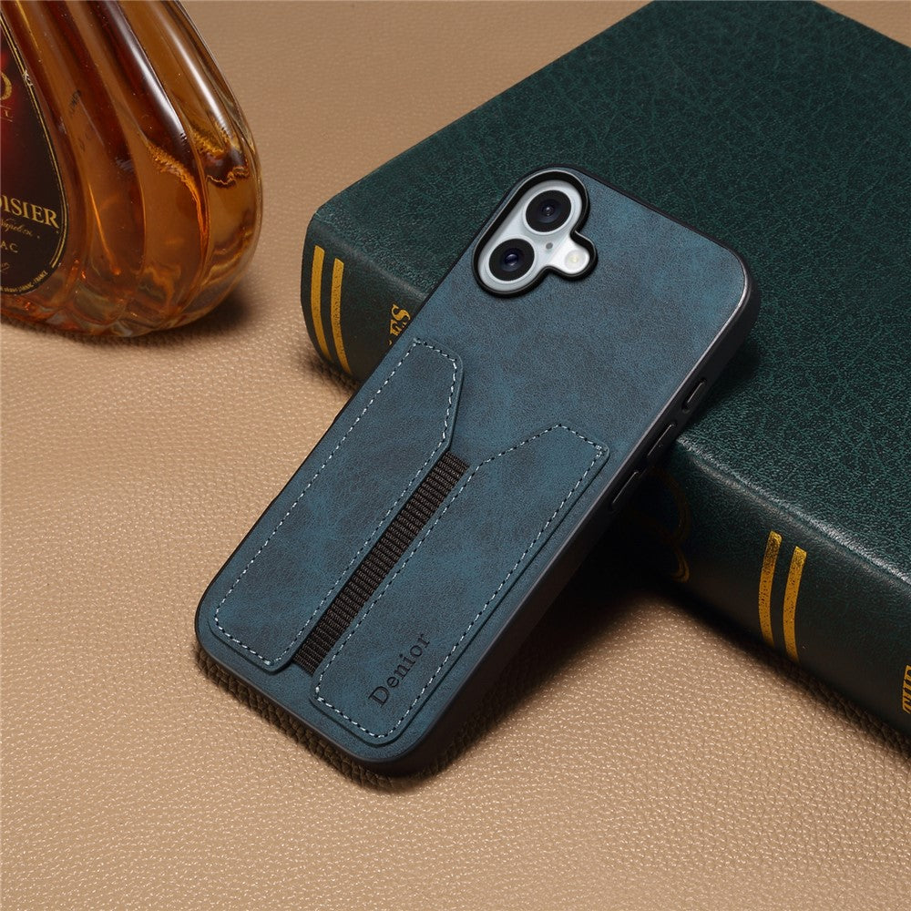 DENIOR For iPhone 16 Plus Case Elastic Card Holder PU Leather+TPU+PC Phone Cover