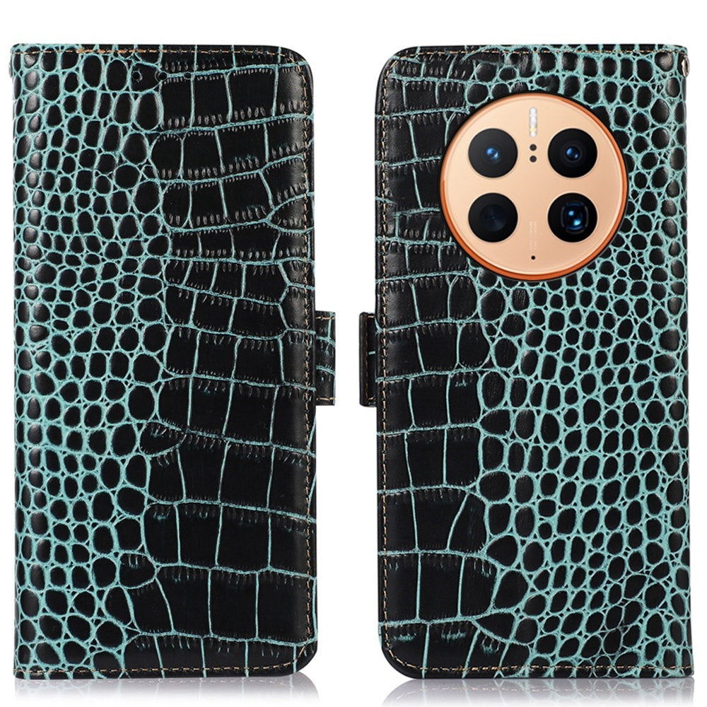 For Huawei Mate 50 Pro 4G Crocodile Texture Genuine Cowhide Leather Case RFID Blocking Stand Wallet Folio Flip Phone Cover