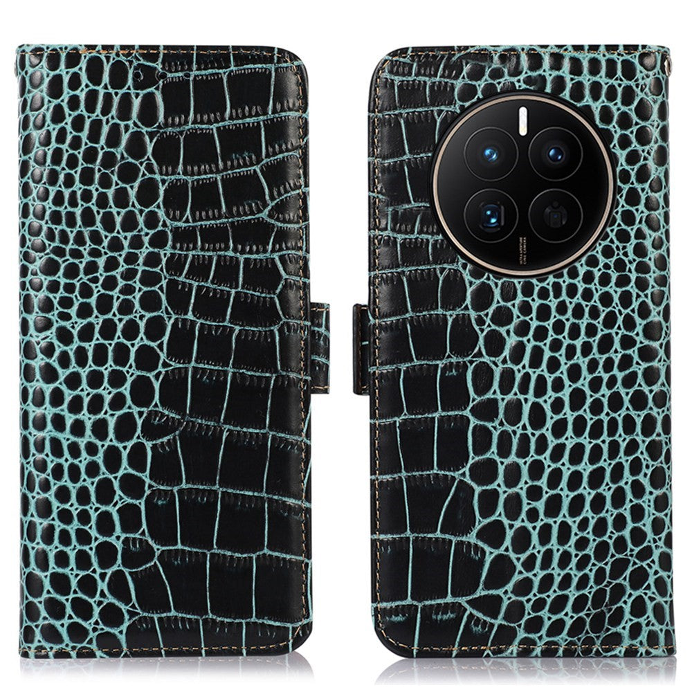 Huawei Mate 50 4G, äkta oxläder, magnetiskt spänne, krokodilstruktur, RFID-blockerande stativ, plånboksfodral