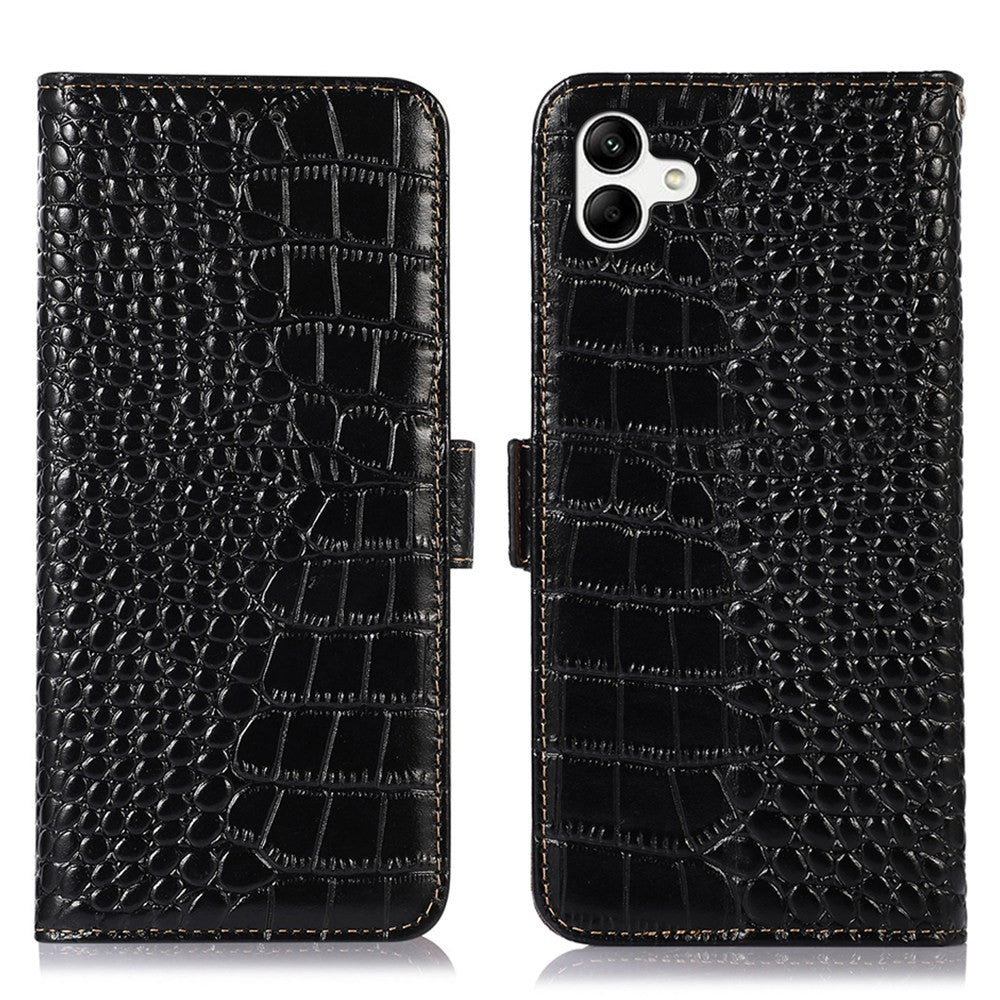 For Samsung Galaxy A04 4G (164.4 x 76.3 x 9.1 mm) Genuine Cowhide Leather Stand Wallet Cover Crocodile Texture Phone Case with RFID Blocking
