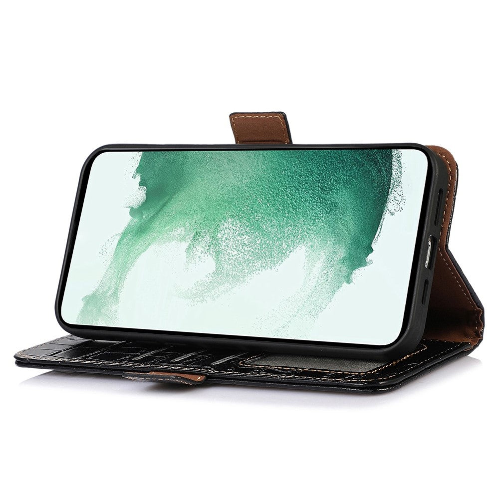 For Samsung Galaxy A04 4G (164.4 x 76.3 x 9.1 mm) Genuine Cowhide Leather Stand Wallet Cover Crocodile Texture Phone Case with RFID Blocking