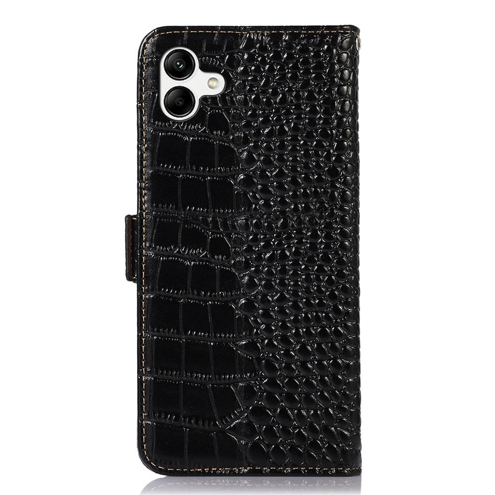 For Samsung Galaxy A04 4G (164.4 x 76.3 x 9.1 mm) Genuine Cowhide Leather Stand Wallet Cover Crocodile Texture Phone Case with RFID Blocking