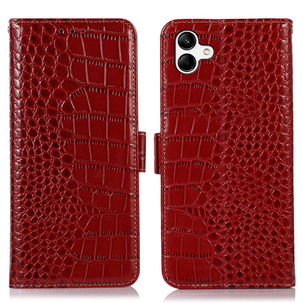 For Samsung Galaxy A04 4G (164.4 x 76.3 x 9.1 mm) Genuine Cowhide Leather Stand Wallet Cover Crocodile Texture Phone Case with RFID Blocking