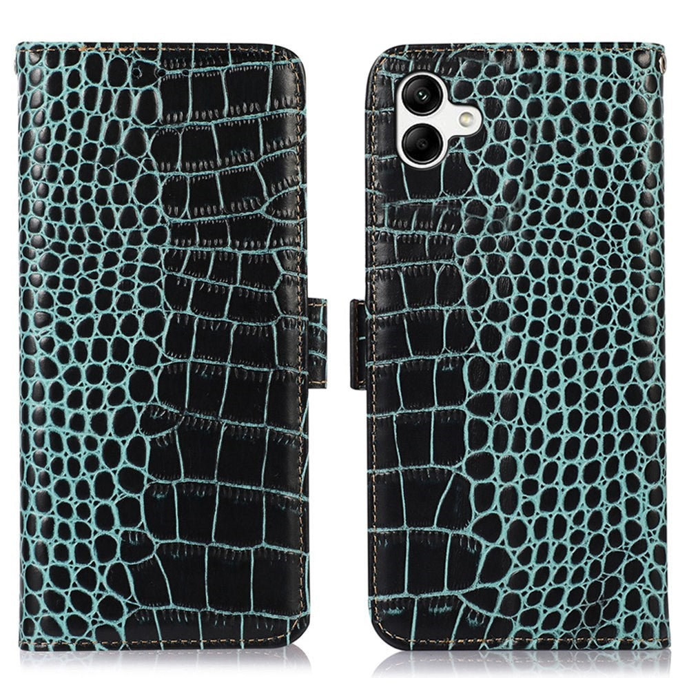 For Samsung Galaxy A04 4G (164.4 x 76.3 x 9.1 mm) Genuine Cowhide Leather Stand Wallet Cover Crocodile Texture Phone Case with RFID Blocking
