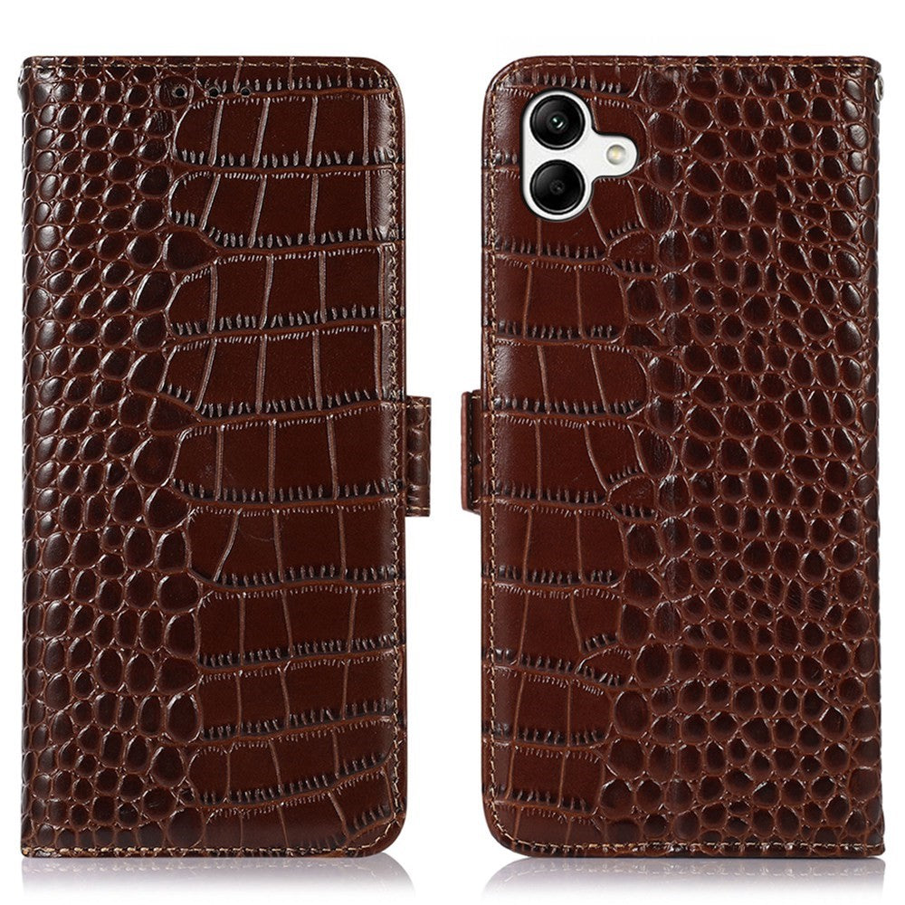 For Samsung Galaxy A04 4G (164.4 x 76.3 x 9.1 mm) Genuine Cowhide Leather Stand Wallet Cover Crocodile Texture Phone Case with RFID Blocking