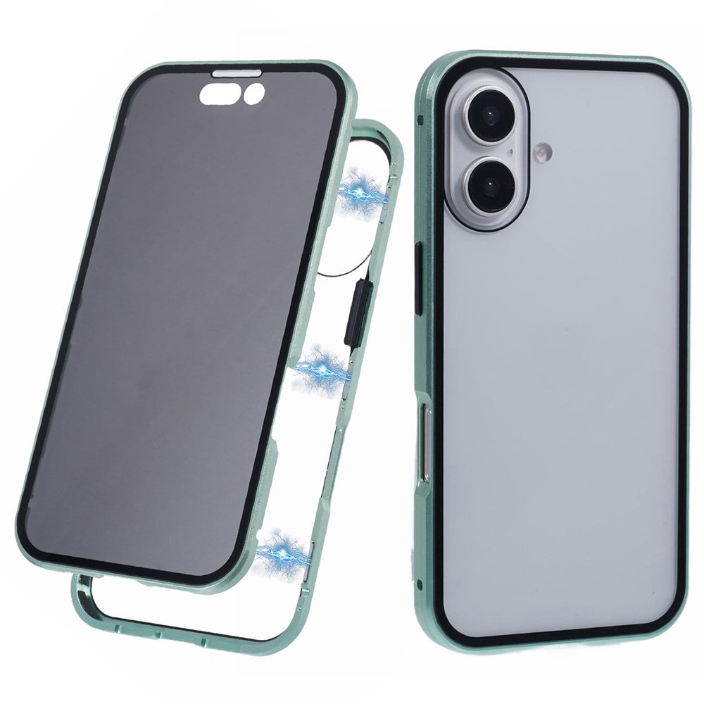 For iPhone 16 Anti-Spy Case Magnetic Metal Frame + Double-Sided Tempered Glass Phone Cover