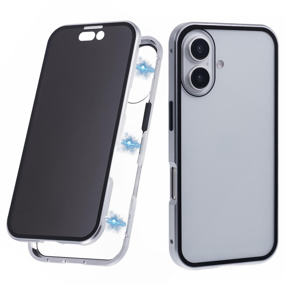 For iPhone 16 Anti-Spy Case Magnetic Metal Frame + Double-Sided Tempered Glass Phone Cover