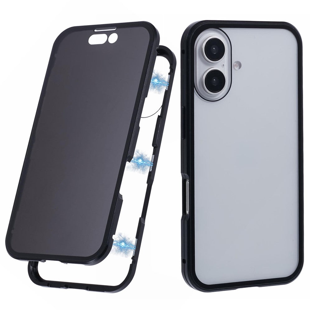 For iPhone 16 Anti-Spy Case Magnetic Metal Frame + Double-Sided Tempered Glass Phone Cover