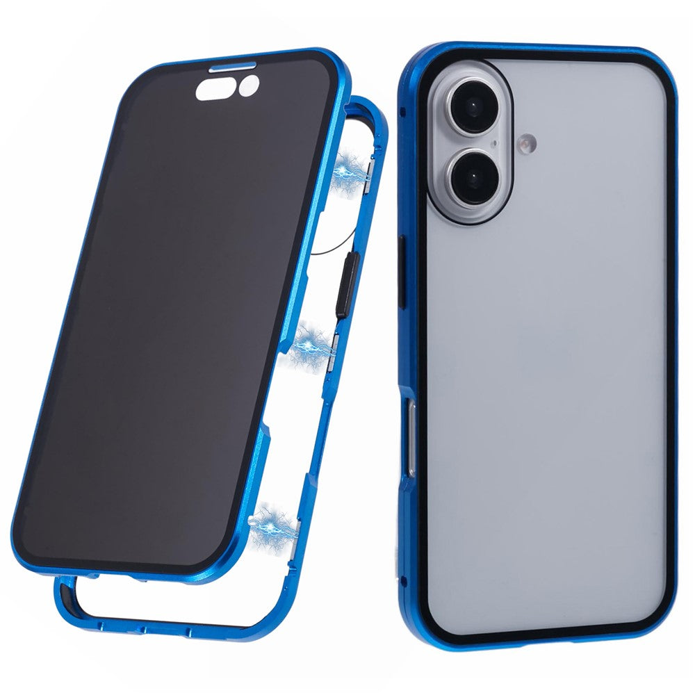 For iPhone 16 Anti-Spy Case Magnetic Metal Frame + Double-Sided Tempered Glass Phone Cover