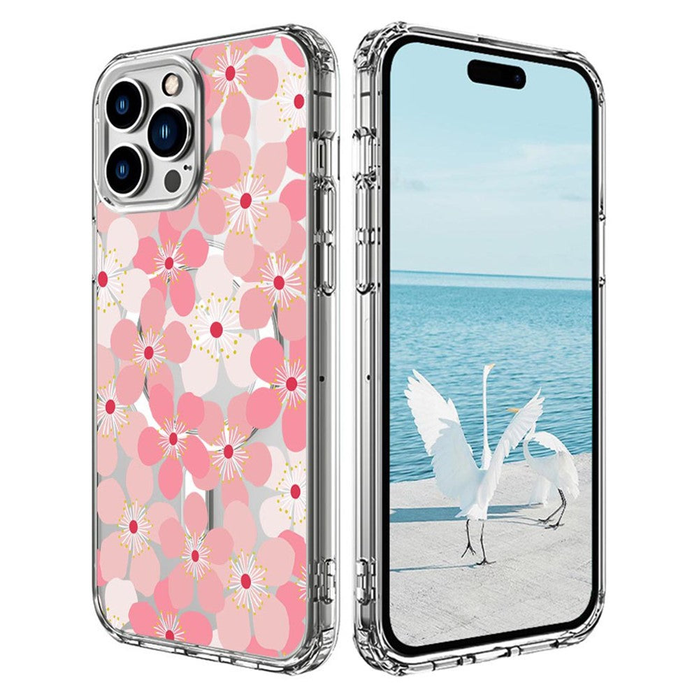 For iPhone 16 Pro Case Compatible with MagSafe Flower Pattern Printing TPU+PC Phone Cover
