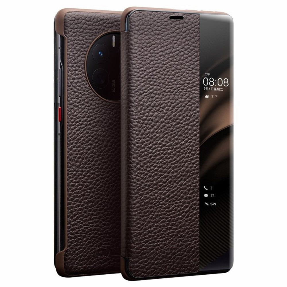 QIALINO För Huawei Mate 50 Pro 4G View Window Äkta Läder Folio Flip mobilskal Touch Slide Button Auto Wake/Sleep Fodral