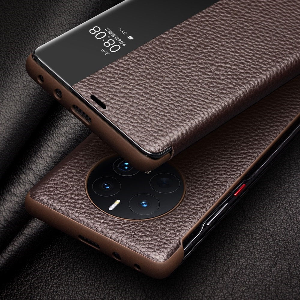 QIALINO För Huawei Mate 50 Pro 4G View Window Äkta Läder Folio Flip mobilskal Touch Slide Button Auto Wake/Sleep Fodral