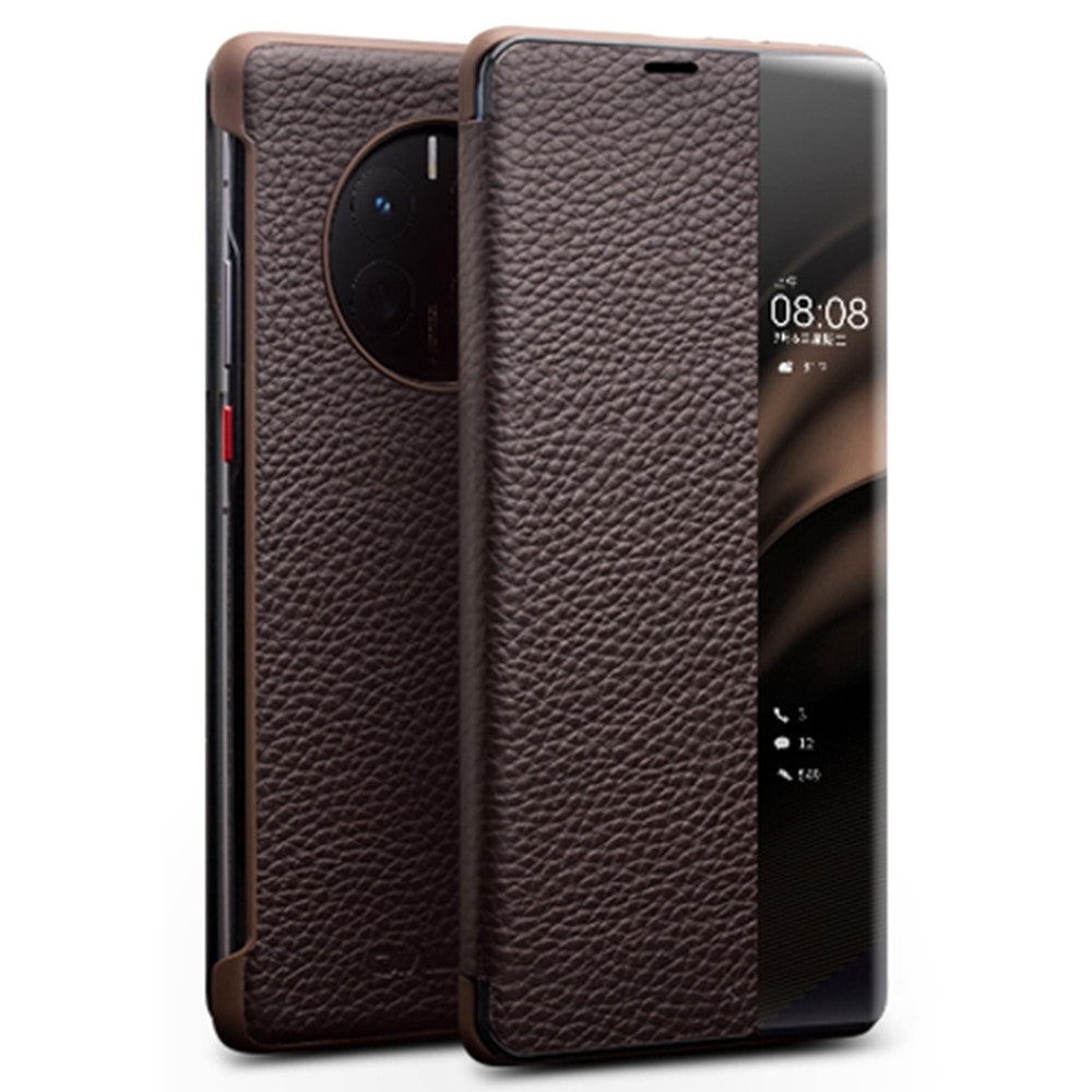 QIALINO För Huawei Mate 50 4G / Mate 50E 4G View Window Äkta Läder Mobilskal med Pekskärm och Skjutknappar, Automatisk Väckning/Sömn
