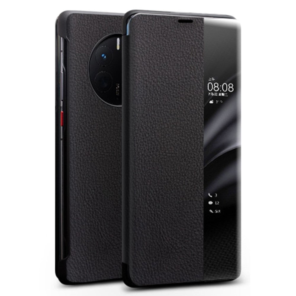 QIALINO För Huawei Mate 50 4G / Mate 50E 4G View Window Äkta Läder Mobilskal med Pekskärm och Skjutknappar, Automatisk Väckning/Sömn