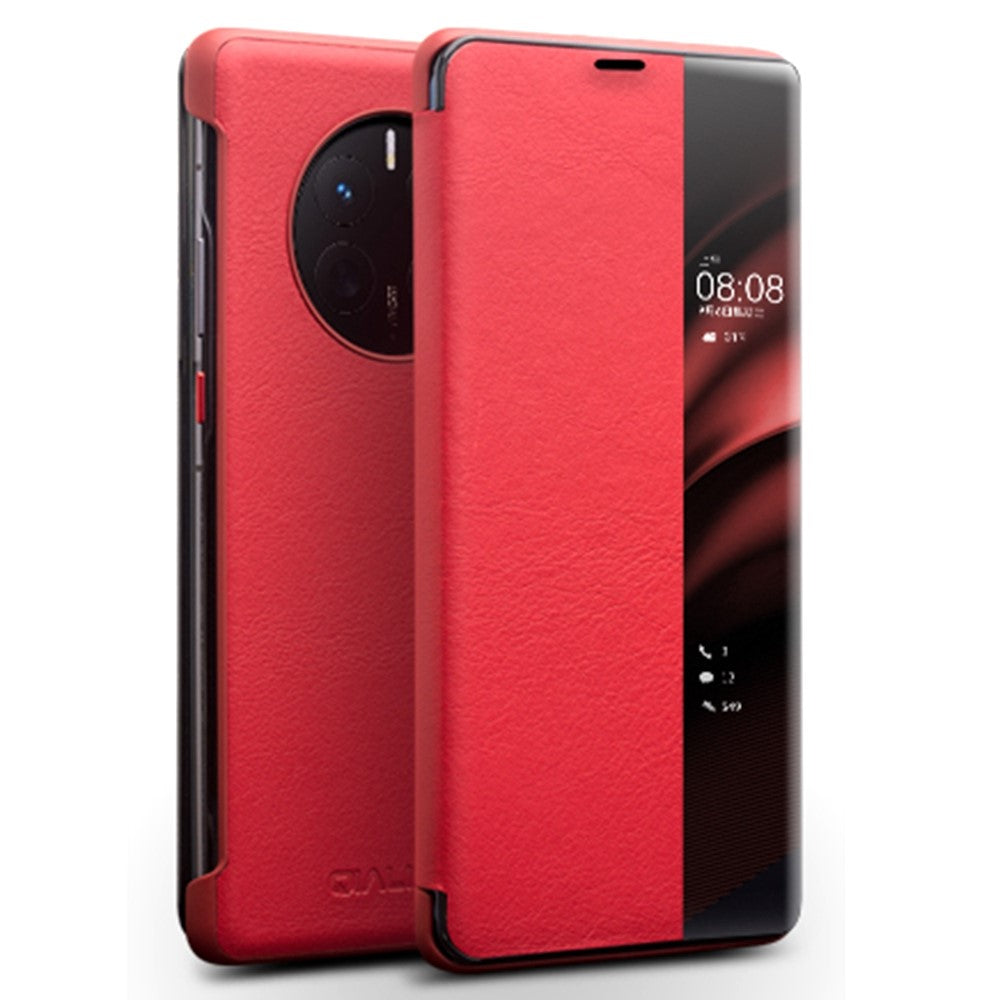 QIALINO För Huawei Mate 50 4G / Mate 50E 4G View Window Äkta Läder Mobilskal med Pekskärm och Skjutknappar, Automatisk Väckning/Sömn