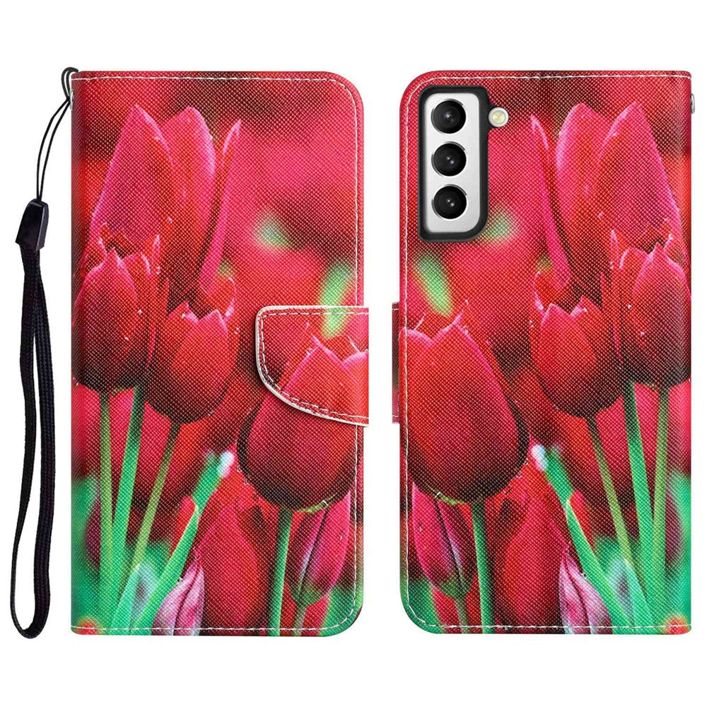 Pattern Printing PU Leather Stand Cover for Samsung Galaxy S22 5G, Cross Texture Shockproof Phone Wallet Case