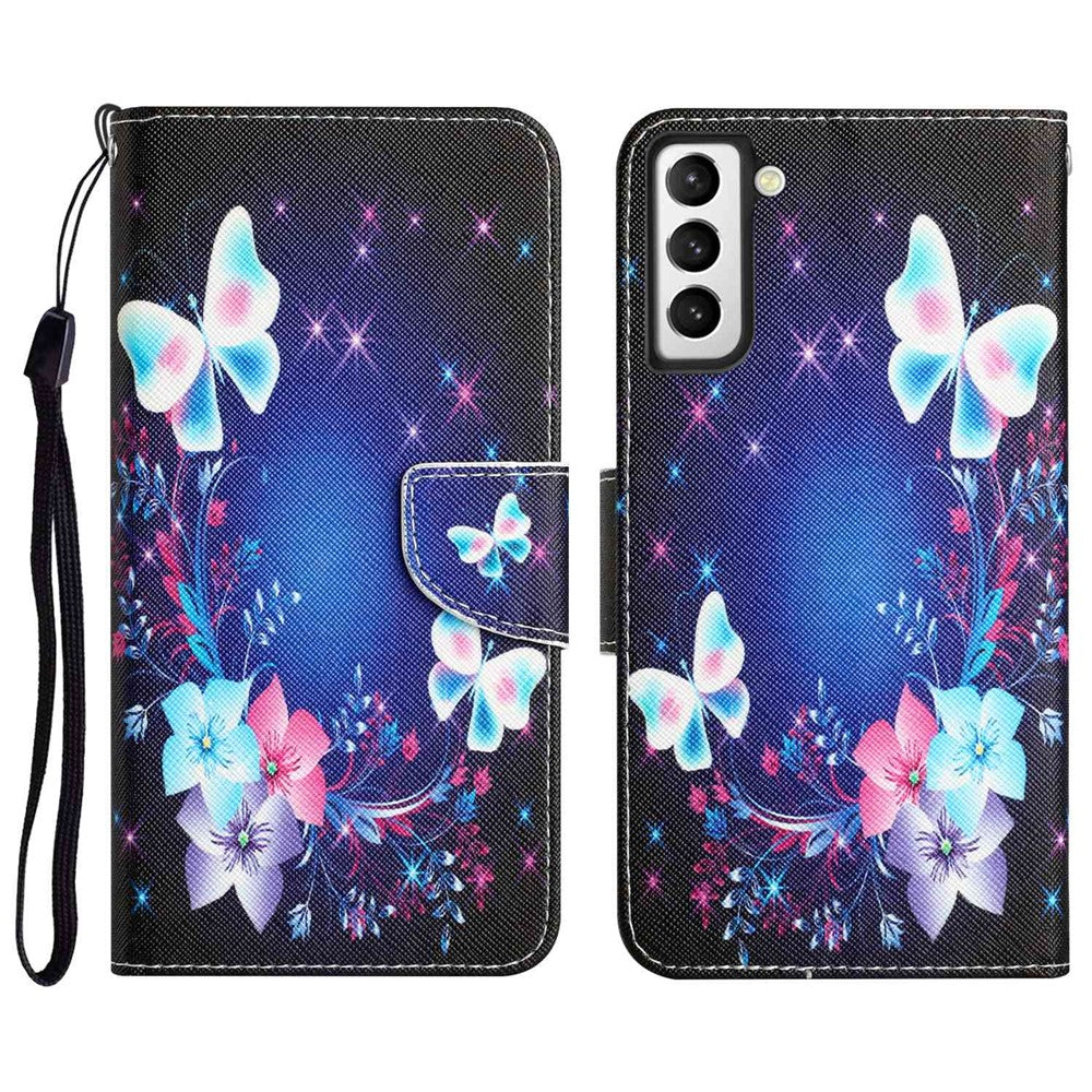 Pattern Printing PU Leather Stand Cover for Samsung Galaxy S22 5G, Cross Texture Shockproof Phone Wallet Case