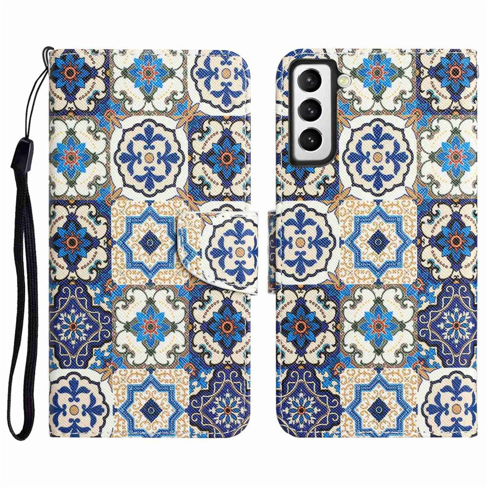 Pattern Printing PU Leather Stand Cover for Samsung Galaxy S22 5G, Cross Texture Shockproof Phone Wallet Case