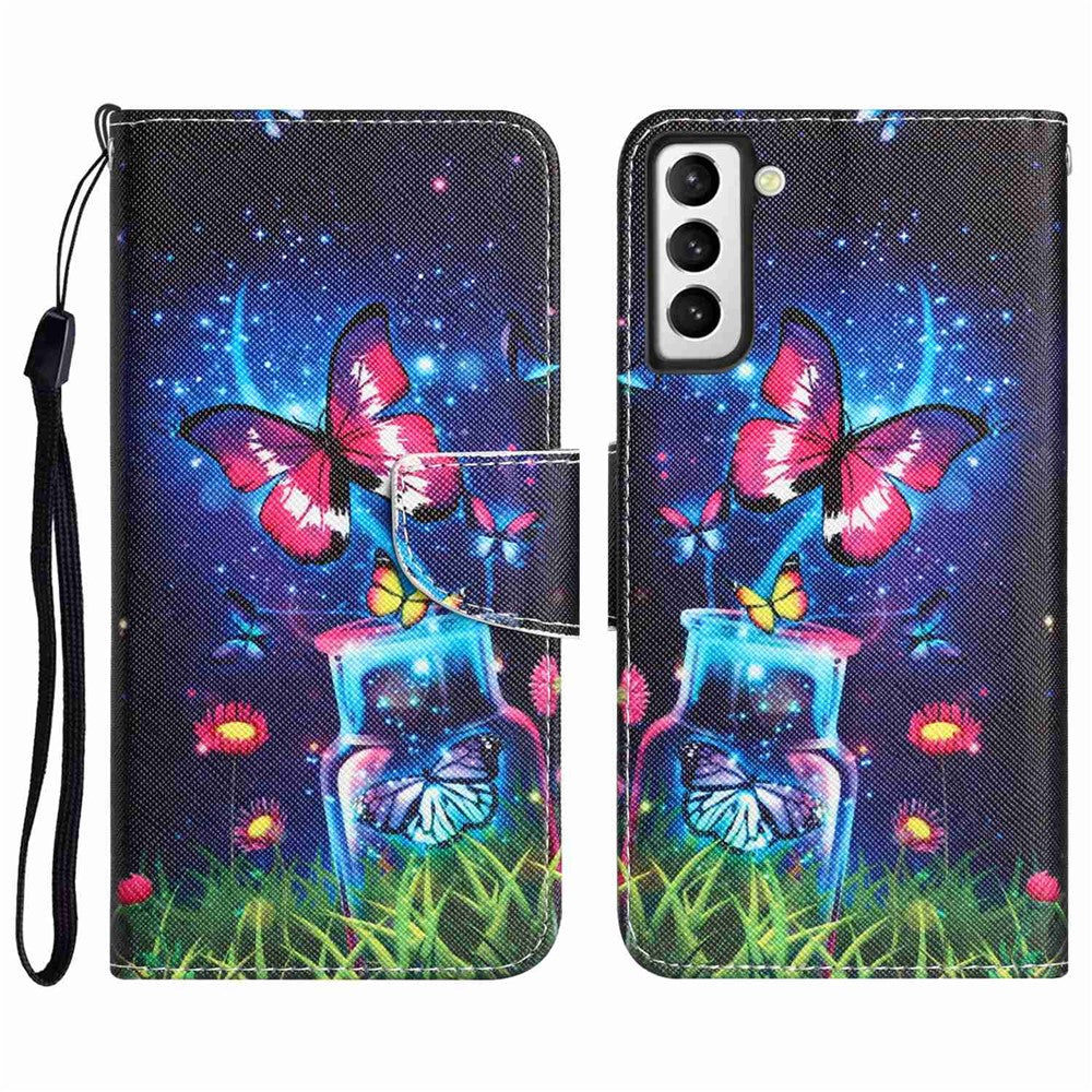 Pattern Printing PU Leather Stand Cover for Samsung Galaxy S22 5G, Cross Texture Shockproof Phone Wallet Case