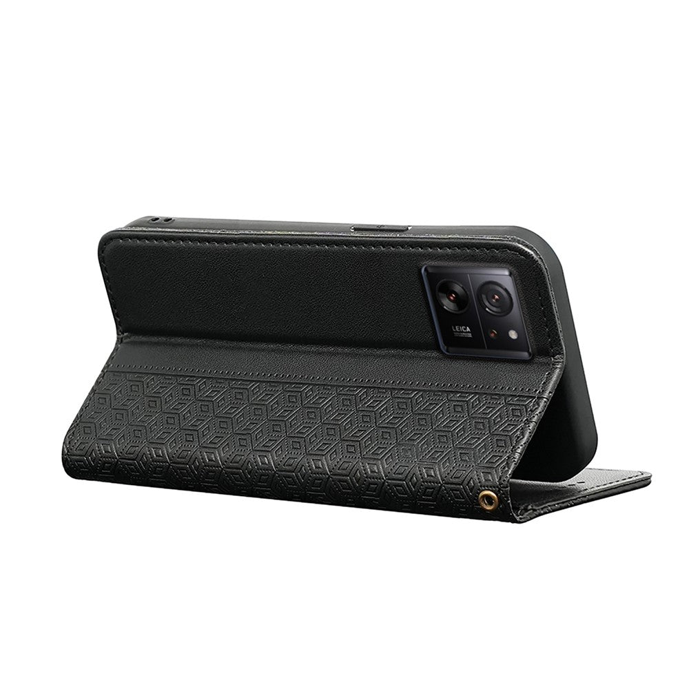 For Xiaomi 14T Wallet Phone Case Checkered Pattern Imprint Leather Flip Cover with Wrist Strap