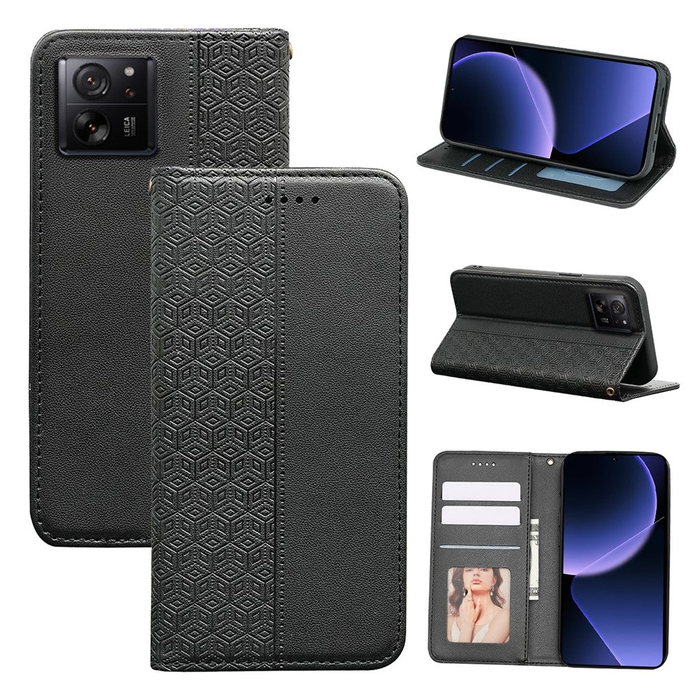 For Xiaomi 14T Wallet Phone Case Checkered Pattern Imprint Leather Flip Cover with Wrist Strap
