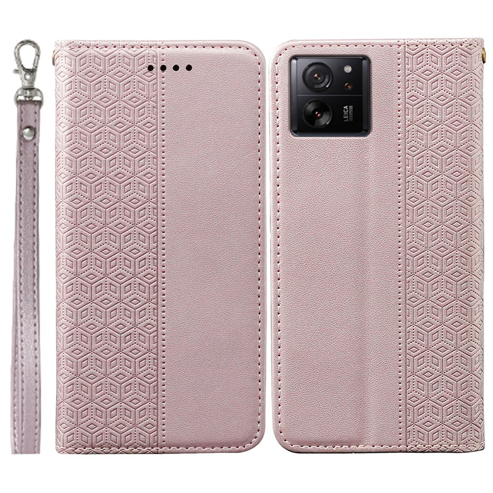 For Xiaomi 14T Wallet Phone Case Checkered Pattern Imprint Leather Flip Cover with Wrist Strap