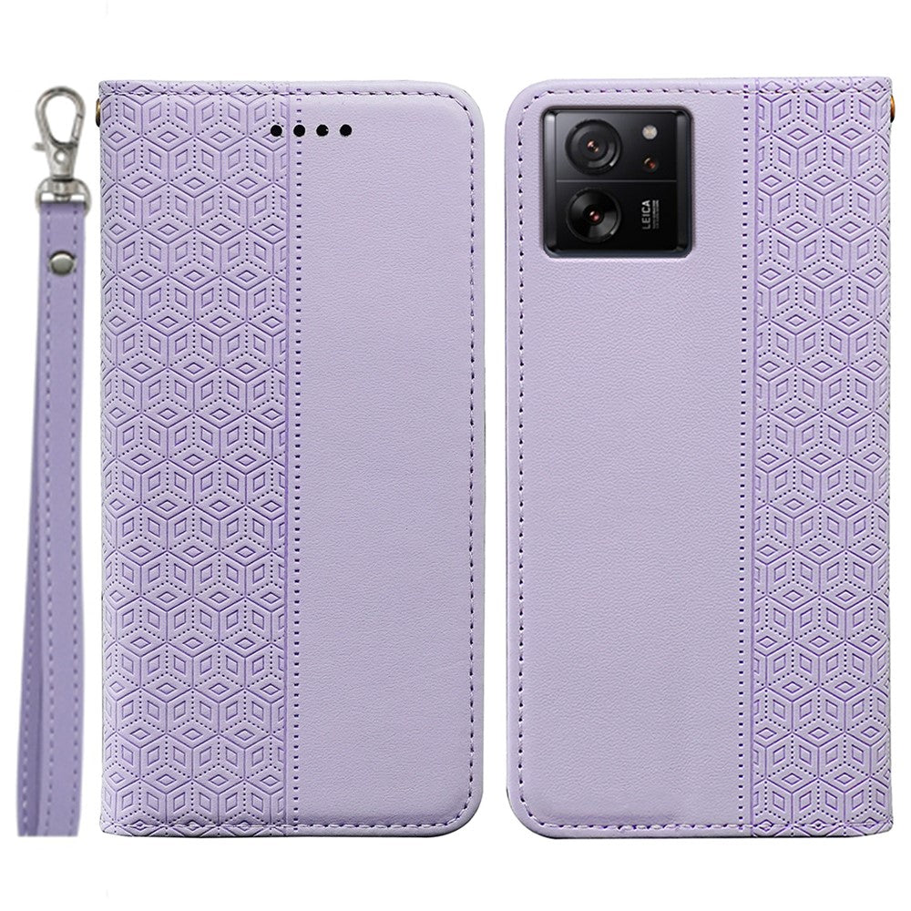 For Xiaomi 14T Wallet Phone Case Checkered Pattern Imprint Leather Flip Cover with Wrist Strap