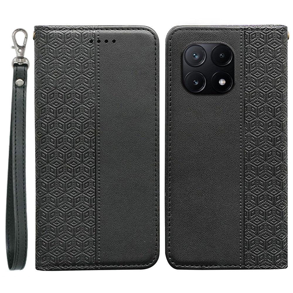 For Xiaomi Poco X6 Pro 5G / Redmi K70E 5G Wallet Phone Case Checkered Pattern Imprint Leather Flip Cover with Wrist Strap