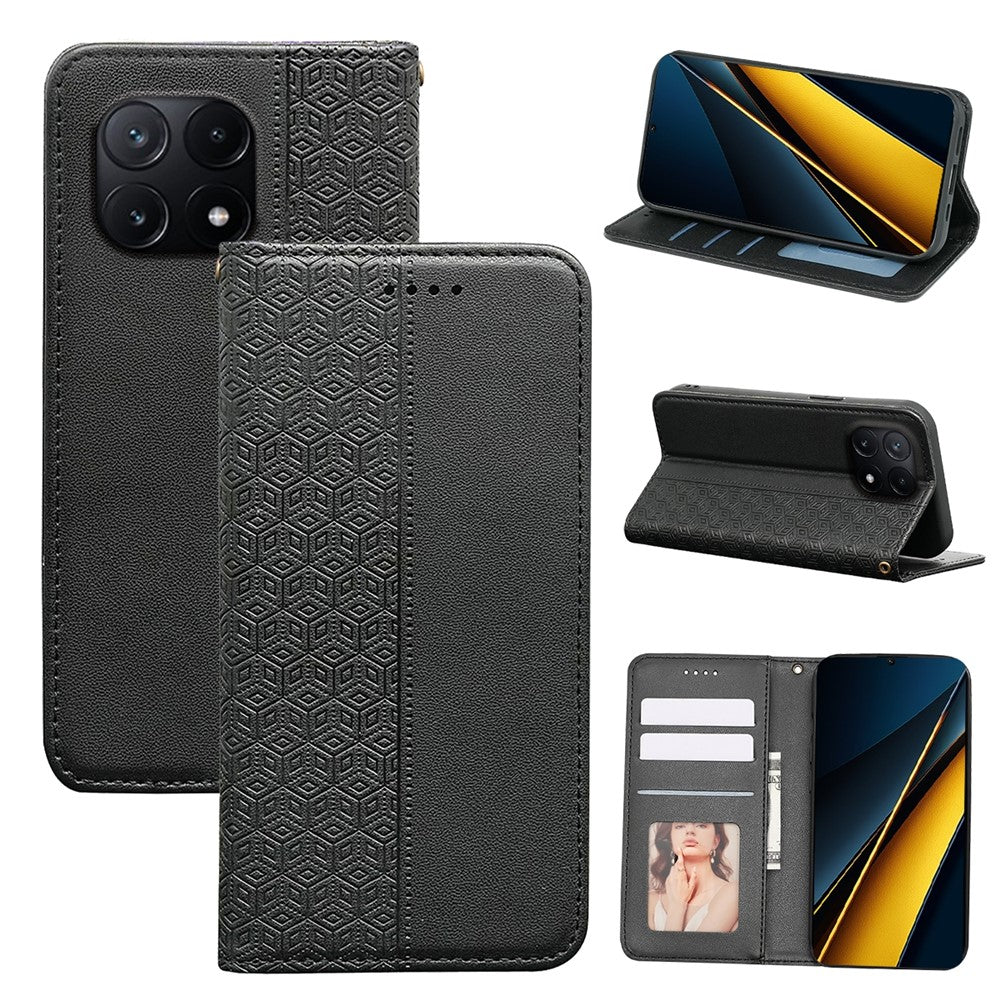 For Xiaomi Poco X6 Pro 5G / Redmi K70E 5G Wallet Phone Case Checkered Pattern Imprint Leather Flip Cover with Wrist Strap
