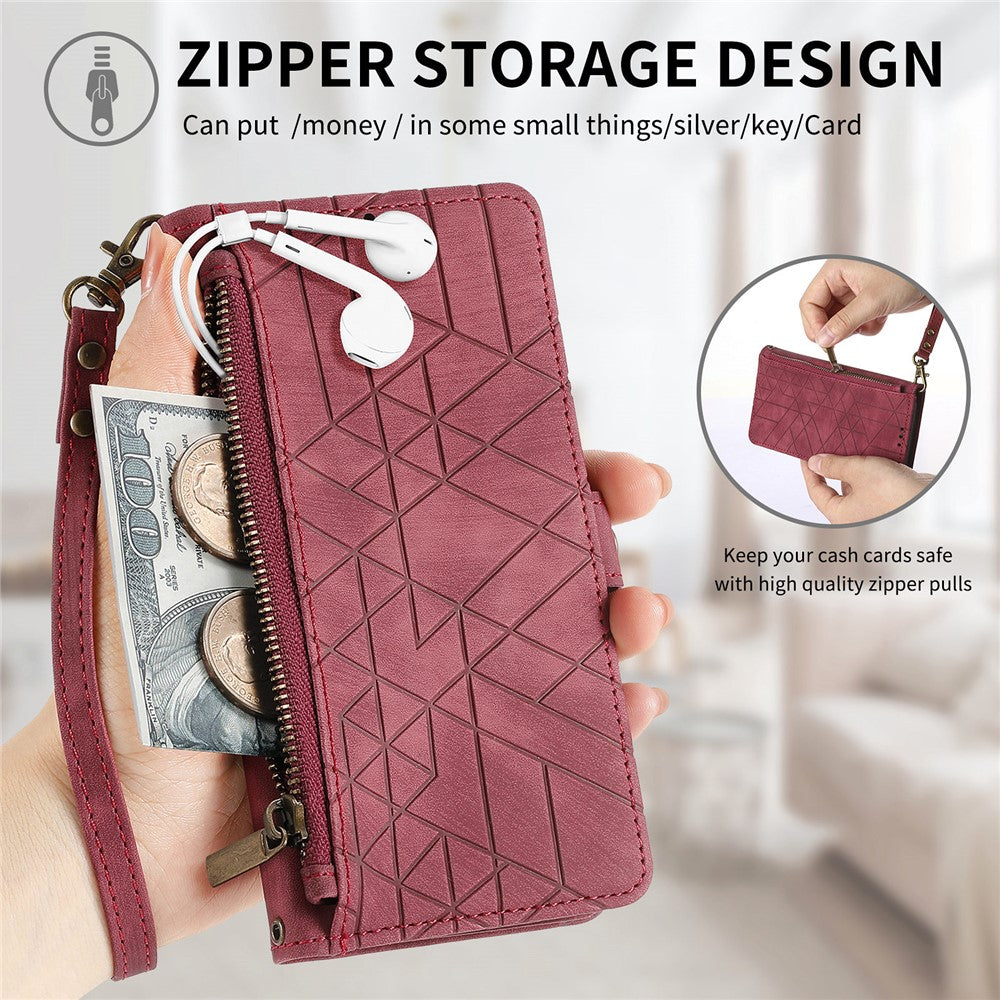 For Oppo Reno12 F 5G Zipper Wallet Case Geometry Lines Leather Phone Cover with Strap