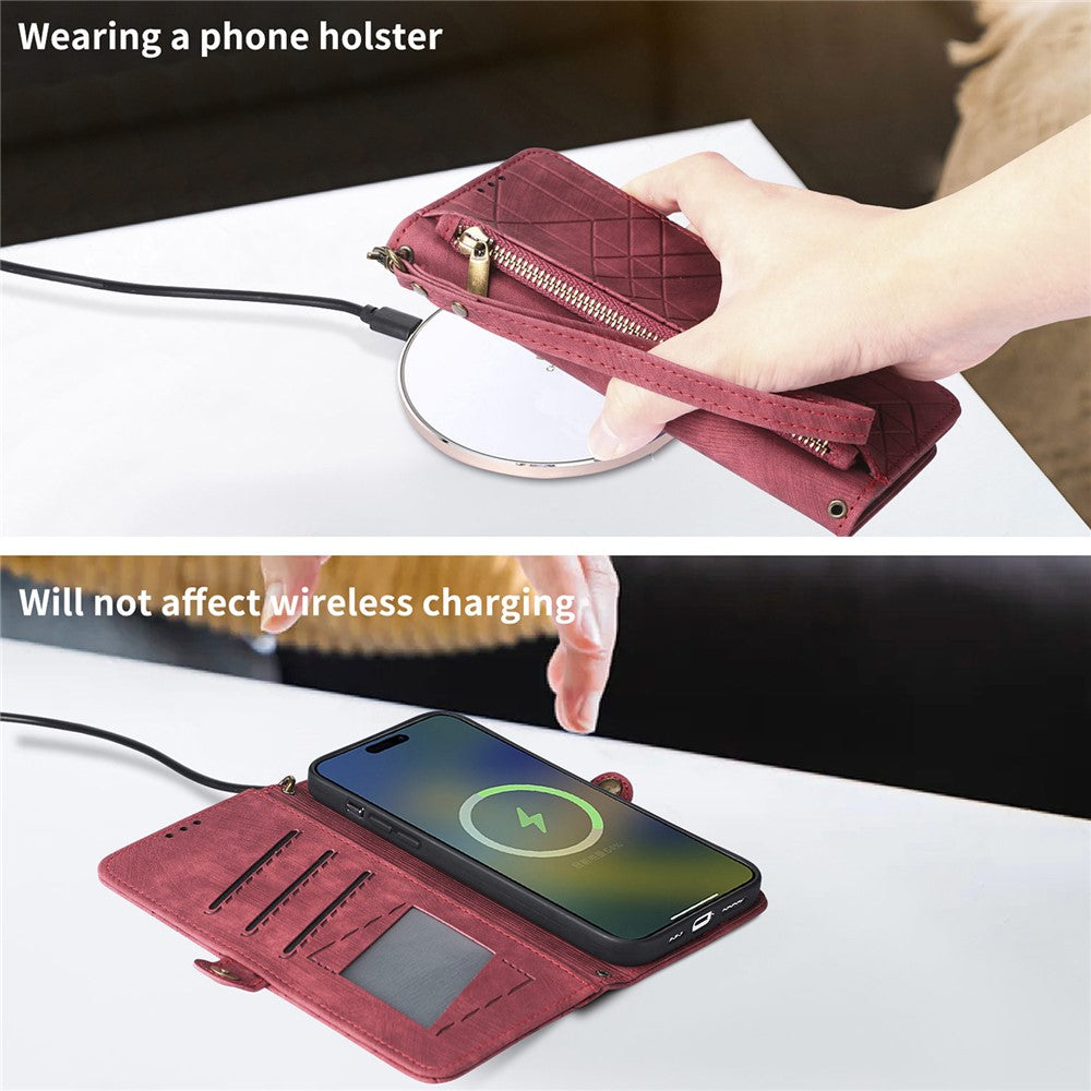 For Oppo Reno12 F 5G Zipper Wallet Case Geometry Lines Leather Phone Cover with Strap