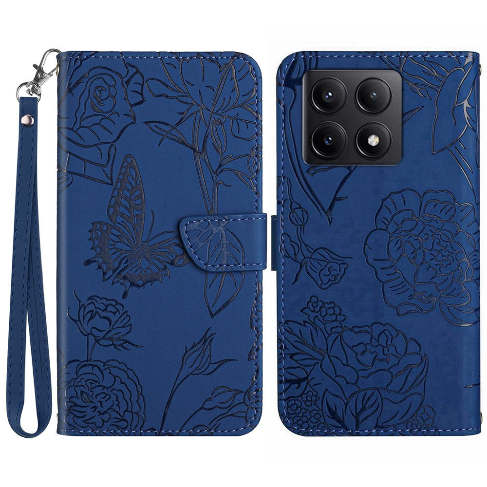 HT03 För Xiaomi 14T Pro Skal Läderfodral Med Fjärilsblommatryck Och Rem