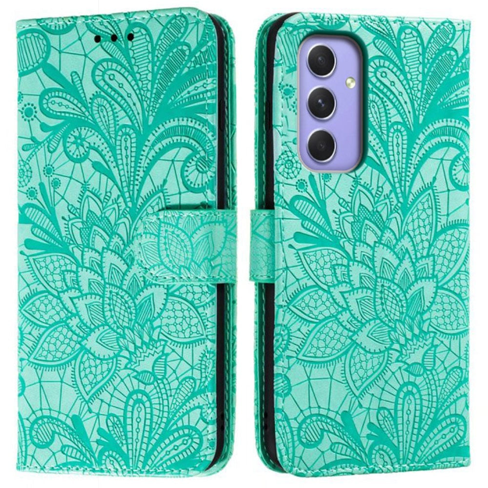 Samsung Galaxy A18 5G / A18 4G / A17 5G / A17 4G / A26 5G / A16 5G / A16 4G skal spetsblommor PU-läder flip-plånbok mobilskal