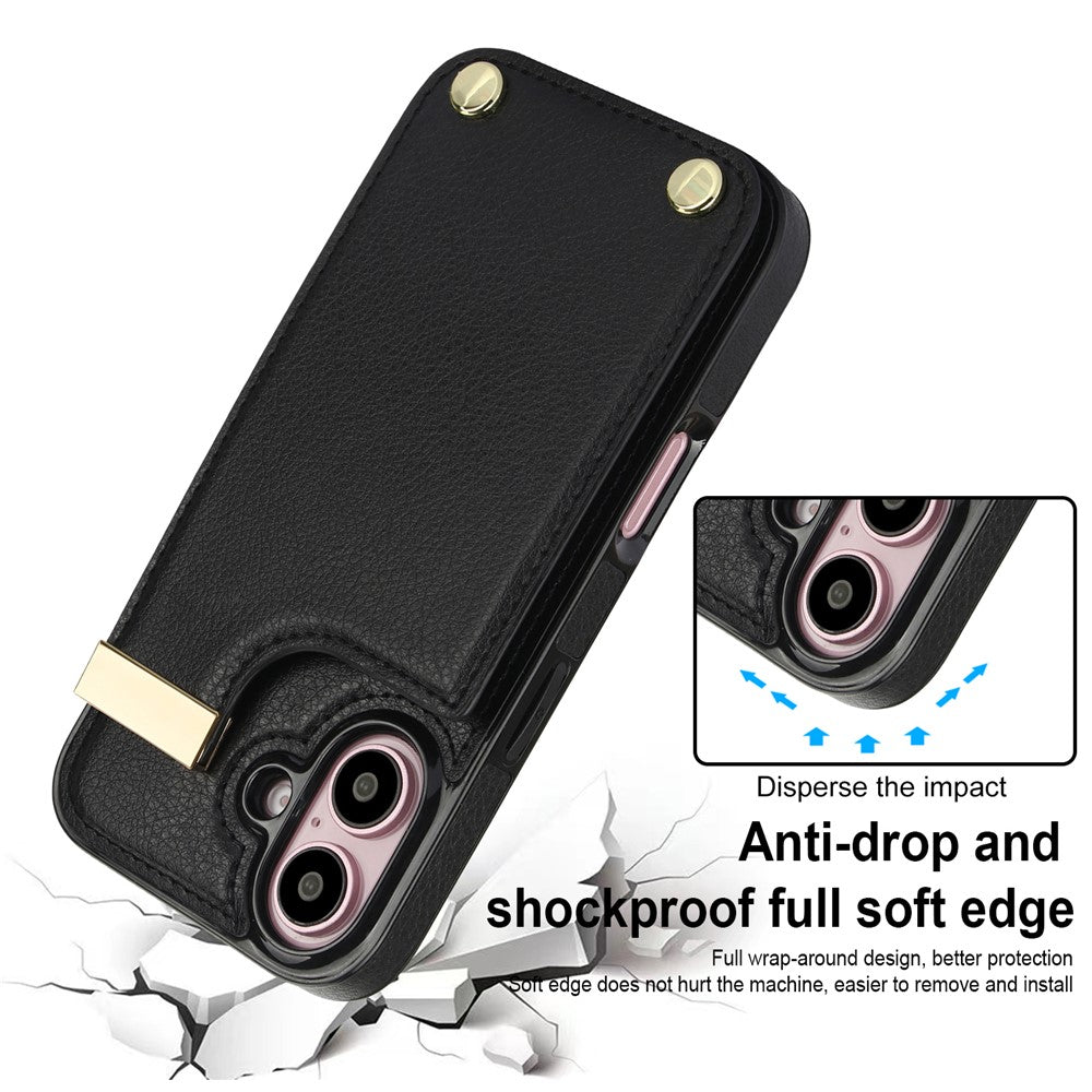 Til iPhone 16 Cover TPU+PU Læder Hardware Dekoration Telefoncover med Kortlomme
