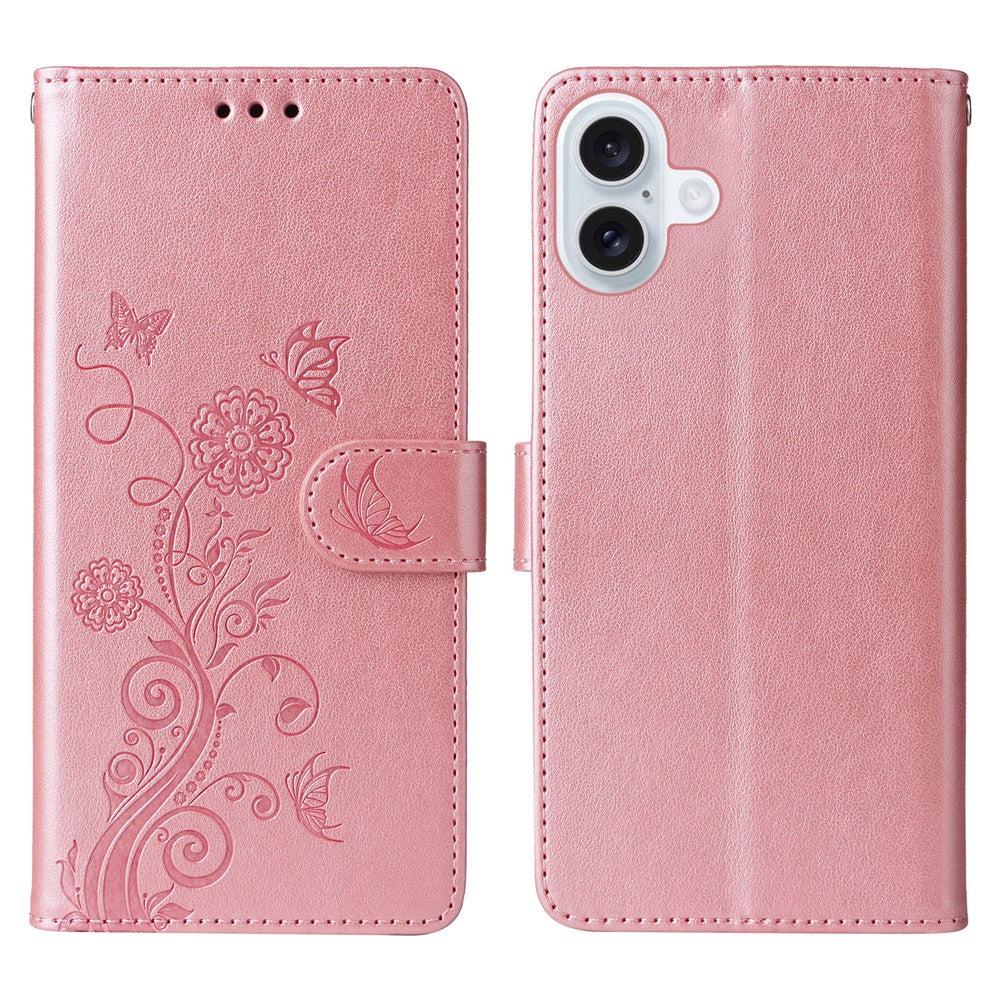 Til iPhone 16 Plus Lædercover Sommerfugl Blomst Tryk Pung Stativcover