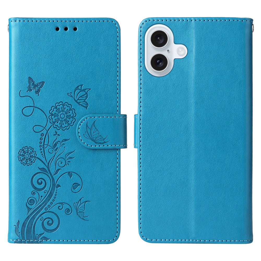 For iPhone 16 Plus Leather Case Butterfly Floral Imprint Wallet Stand Cover