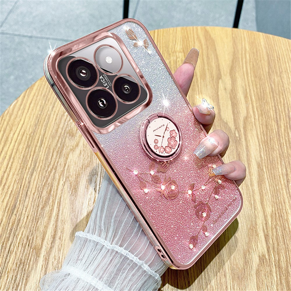 KADEM For  Xiaomi 14T Pro Case Ring Kickstand TPU Flowers Phone Cover Gradient Glitter