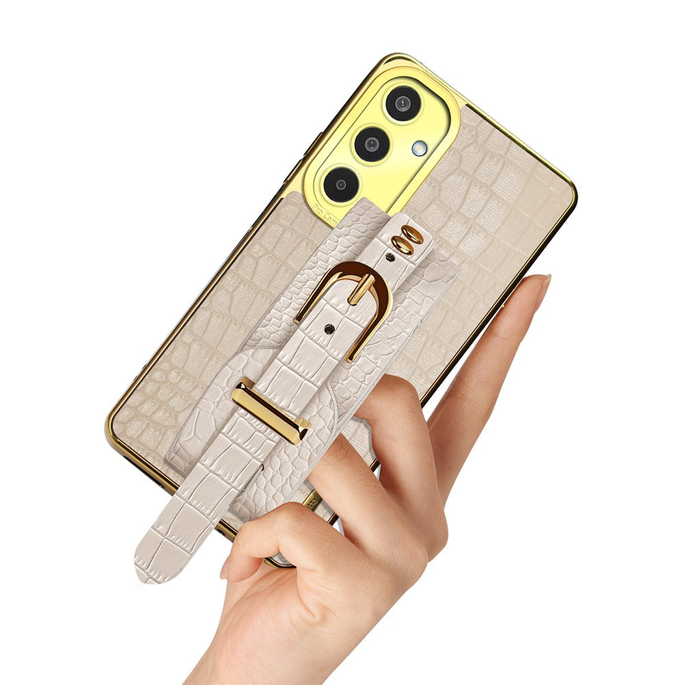 For Samsung Galaxy M35 5G Case Wristband Kickstand PU Leather+TPU 6D Electroplating Phone Cover