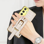 For Samsung Galaxy M35 5G Case Wristband Kickstand PU Leather+TPU 6D Electroplating Phone Cover