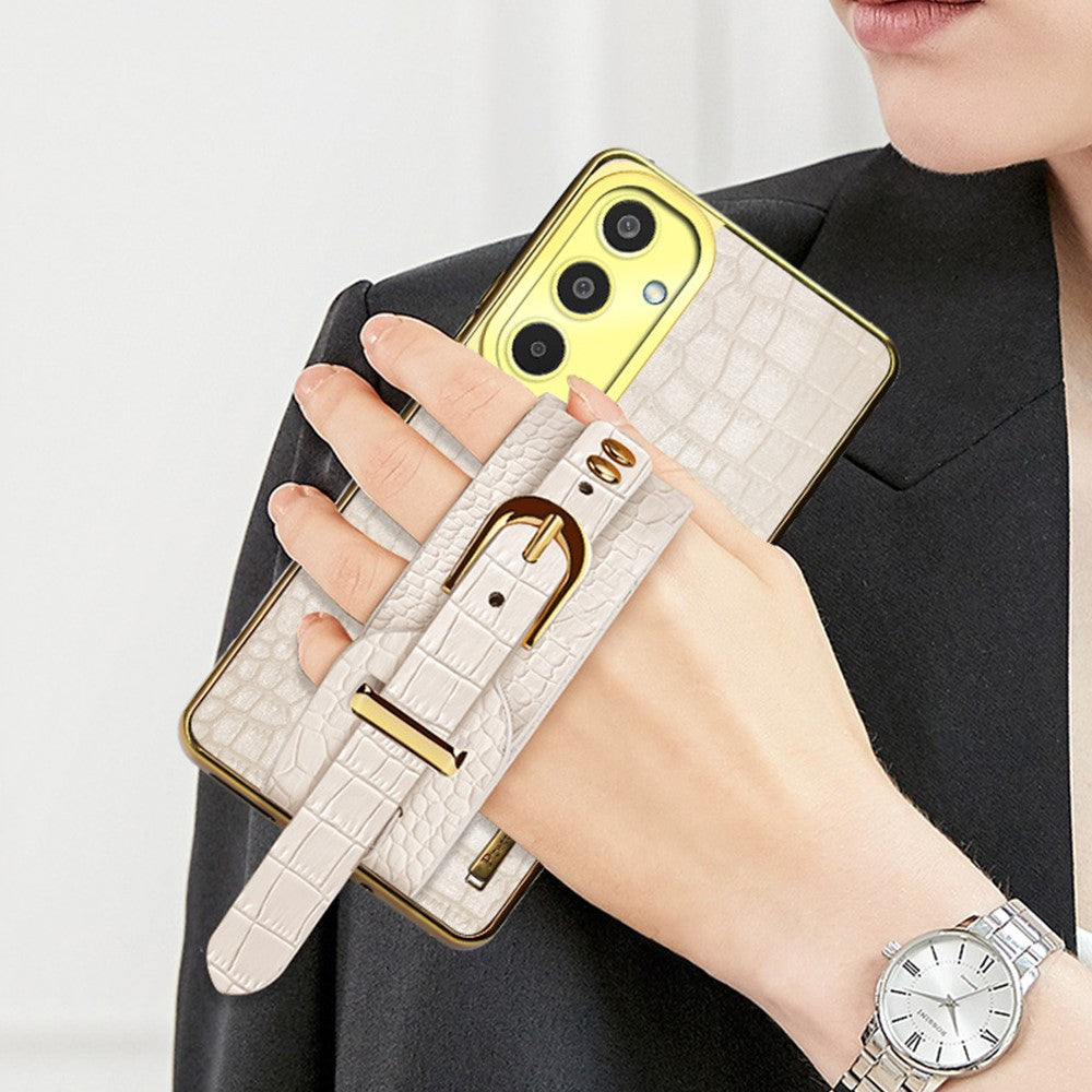 For Samsung Galaxy M35 5G Case Wristband Kickstand PU Leather+TPU 6D Electroplating Phone Cover