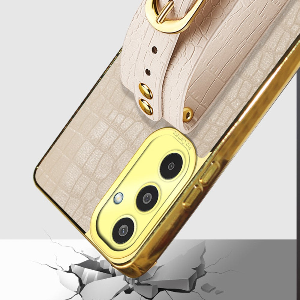 For Samsung Galaxy M35 5G Case Wristband Kickstand PU Leather+TPU 6D Electroplating Phone Cover