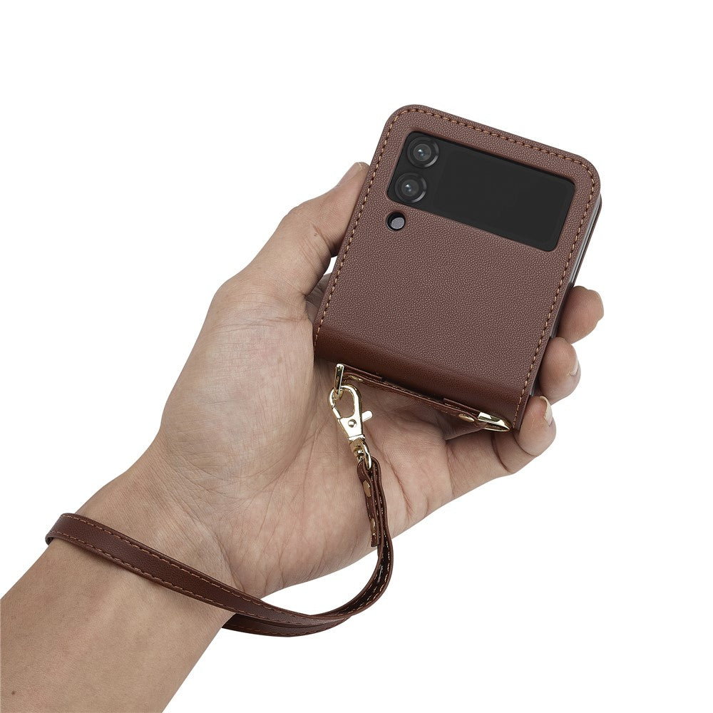 LC.IMEEKE for Samsung Galaxy Z Flip4 5G Case Leather+PC Phone Cover with Straps Card Slots