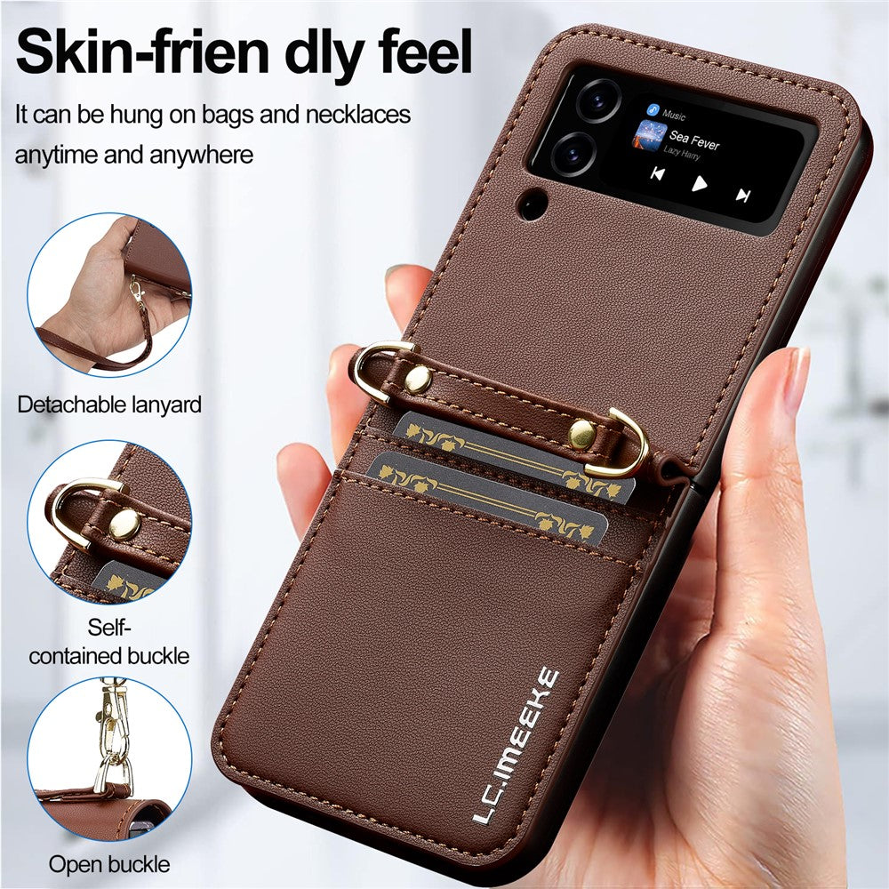 LC.IMEEKE for Samsung Galaxy Z Flip4 5G Case Leather+PC Phone Cover with Straps Card Slots