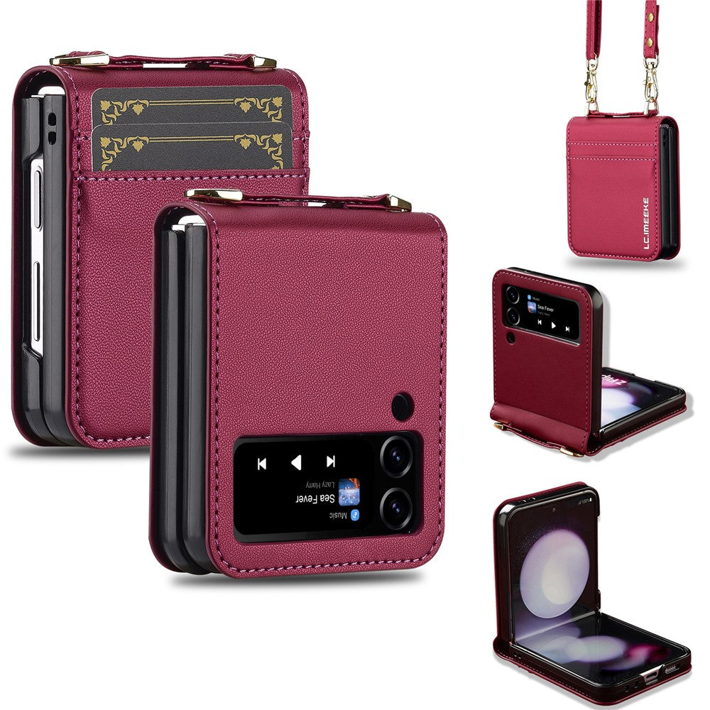 LC.IMEEKE for Samsung Galaxy Z Flip4 5G Case Leather+PC Phone Cover with Straps Card Slots