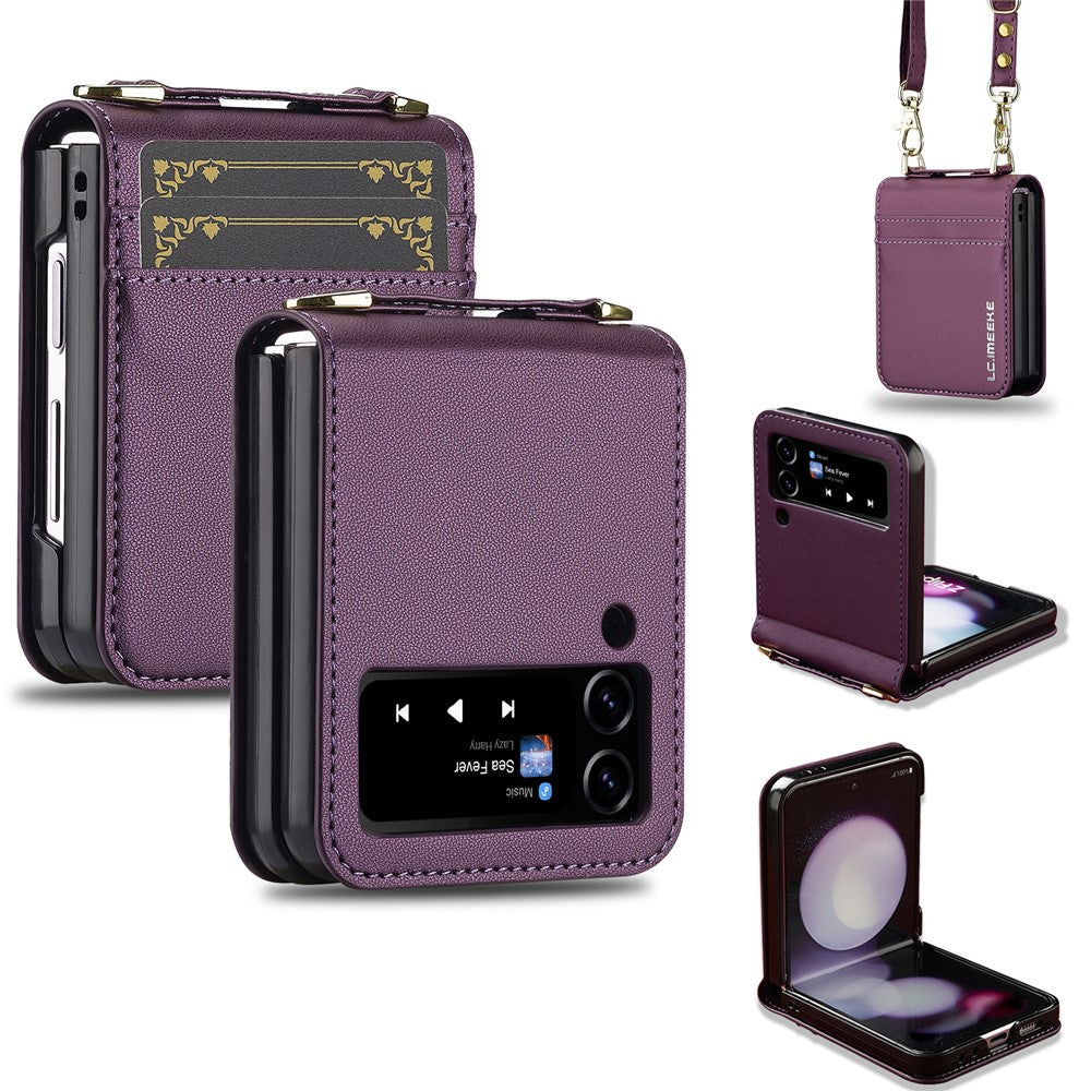 LC.IMEEKE for Samsung Galaxy Z Flip4 5G Case Leather+PC Phone Cover with Straps Card Slots