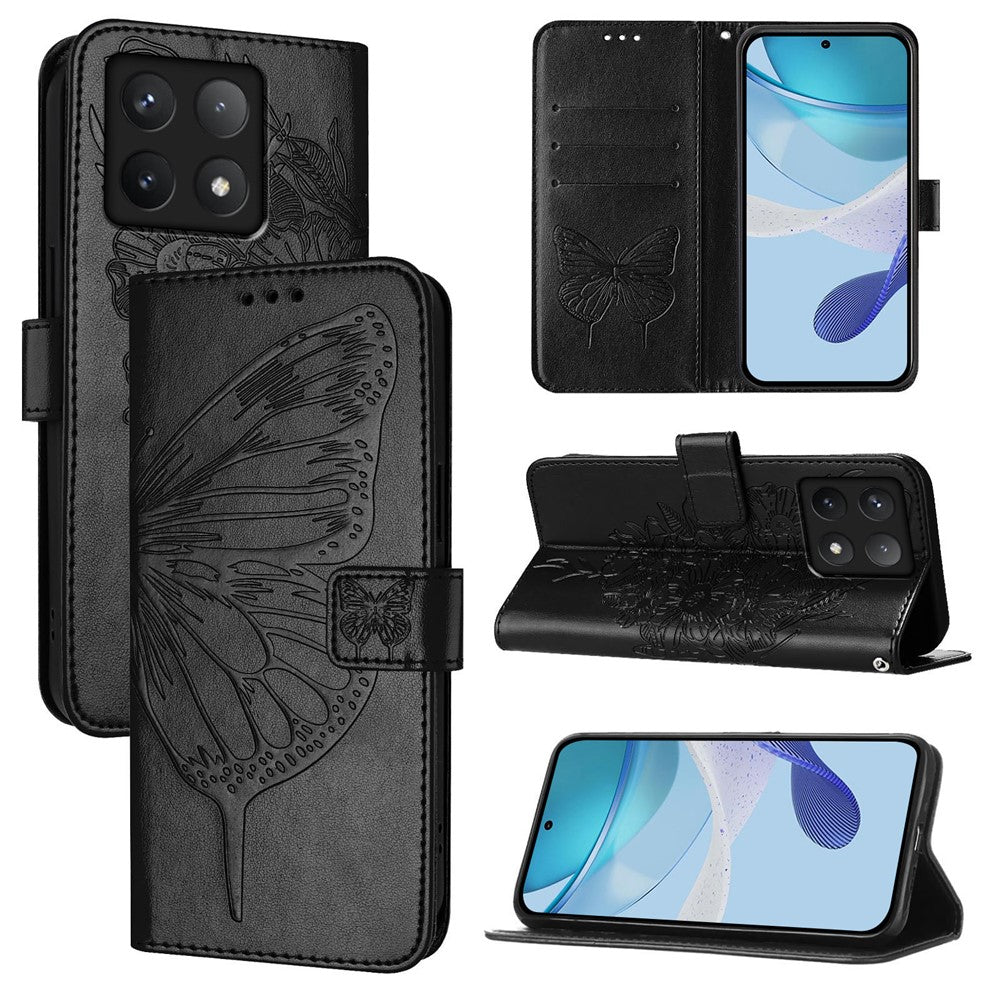 For Xiaomi 14T Pro Wallet Case with Wrist Strap Butterfly Imprint Leather Phone Cover
